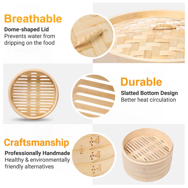 HAPPI STUDIO Bamboo Steamer Basket - 2-Tier Dumpling Steamer - 10 Inch Bamboo Steamer for Cooking Dim Sum, Momo, Rice - Bao Bun Steamer - Steaming Basket - Natural Chinese Steam Baskets with Steamer Ring Set - Image 5