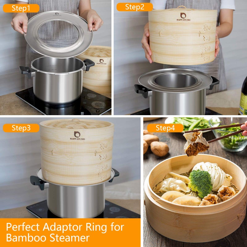HAPPI STUDIO Bamboo Steamer Basket - 2-Tier Dumpling Steamer - 10 Inch Bamboo Steamer for Cooking Dim Sum, Momo, Rice - Bao Bun Steamer - Steaming Basket - Natural Chinese Steam Baskets with Steamer Ring Set - Image 3