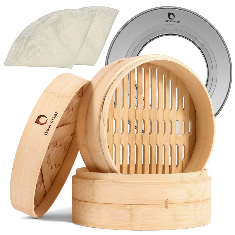 HAPPI STUDIO Bamboo Steamer Basket - 2-Tier Dumpling Steamer - 10 Inch Bamboo Steamer for Cooking Dim Sum, Momo, Rice - Bao Bun Steamer - Steaming Basket - Natural Chinese Steam Baskets with Steamer Ring Set - Image 1