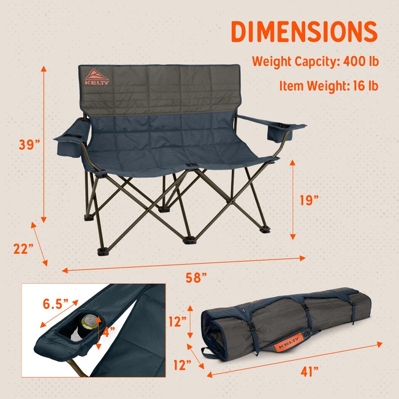 Kelty Loveseat Oversized 2-Person Heavy Duty Folding Camp Chair, Double Seat for Soccer Games, Tailgating, Beach Days (Regular Height/Dark Shadow) - Image 2