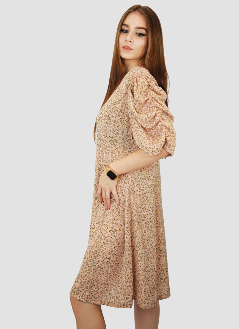 Kidwala Women'S Short Floral Print Dress, Puff Sleeves Beige Dress, Elbow Sleeve Length, Tear Drop String Back Neckline With Front Round Neckline, Evening Ladies Dress - Image 5