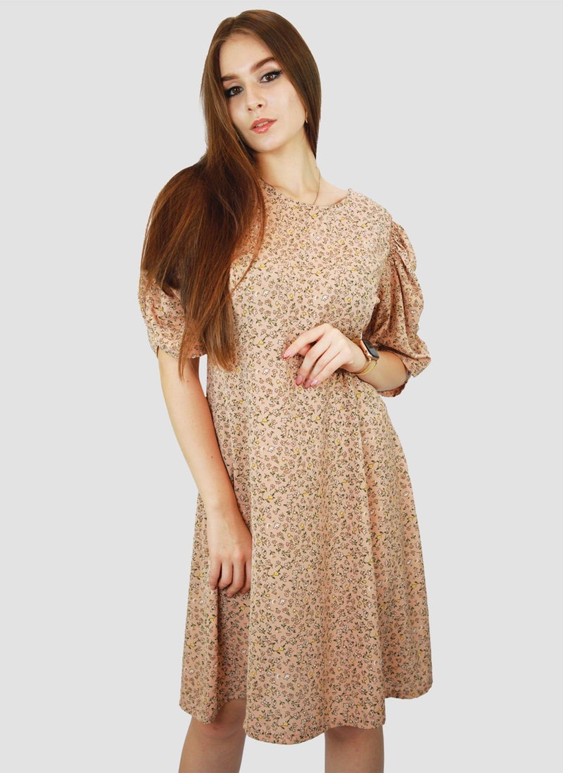 Kidwala Women'S Short Floral Print Dress, Puff Sleeves Beige Dress, Elbow Sleeve Length, Tear Drop String Back Neckline With Front Round Neckline, Evening Ladies Dress - Image 1