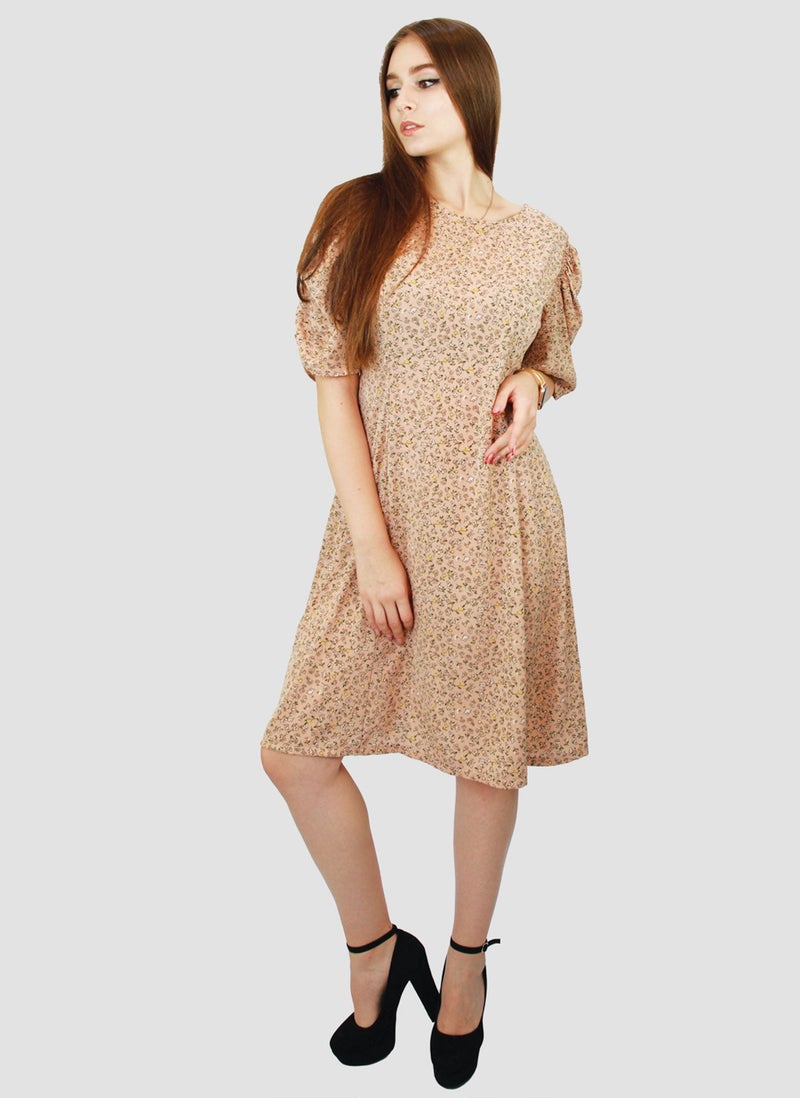Kidwala Women'S Short Floral Print Dress, Puff Sleeves Beige Dress, Elbow Sleeve Length, Tear Drop String Back Neckline With Front Round Neckline, Evening Ladies Dress - Image 3