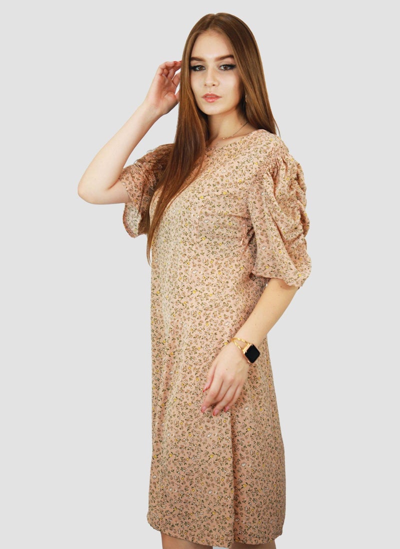 Kidwala Women'S Short Floral Print Dress, Puff Sleeves Beige Dress, Elbow Sleeve Length, Tear Drop String Back Neckline With Front Round Neckline, Evening Ladies Dress - Image 4