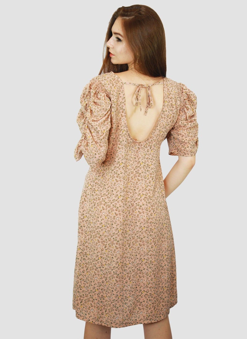 Kidwala Women'S Short Floral Print Dress, Puff Sleeves Beige Dress, Elbow Sleeve Length, Tear Drop String Back Neckline With Front Round Neckline, Evening Ladies Dress - Image 2