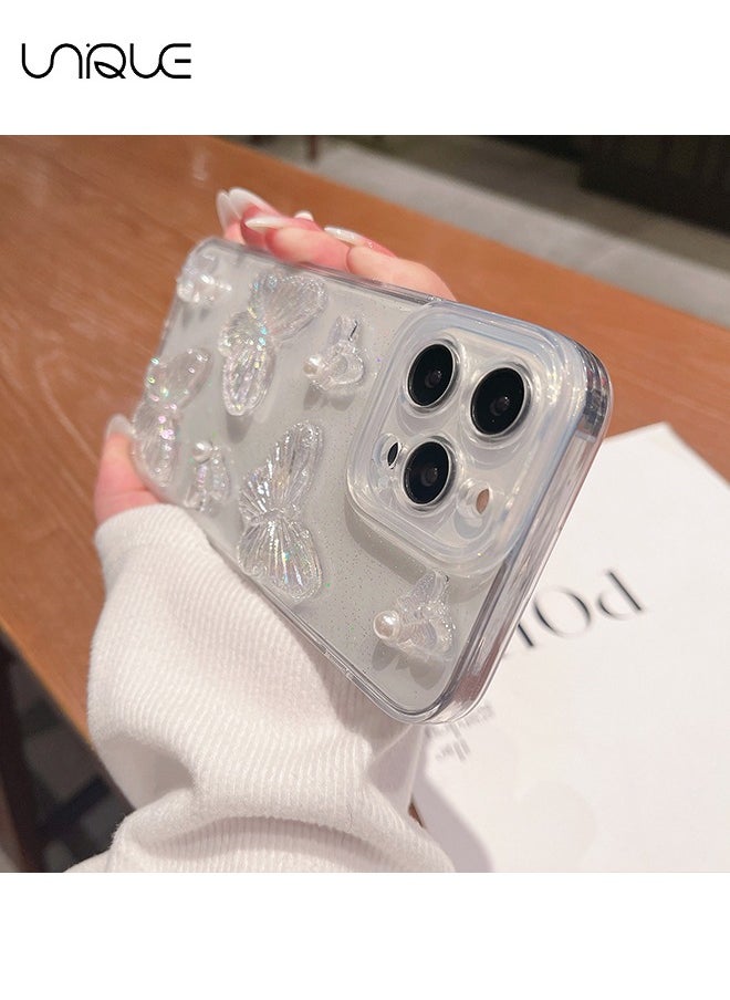 Unique - Compatible with iPhone 14 Pro Max Cases,3D Butterfly Phone Case,Shiny Pearl Phone Case,Stylish and Simple Phone Case, TPU Drop Protection - Transparent - Image 1