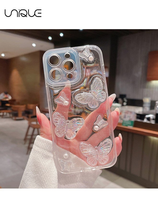 Unique - Compatible with iPhone 14 Pro Max Cases,3D Butterfly Phone Case,Shiny Pearl Phone Case,Stylish and Simple Phone Case, TPU Drop Protection - Transparent - Image 1