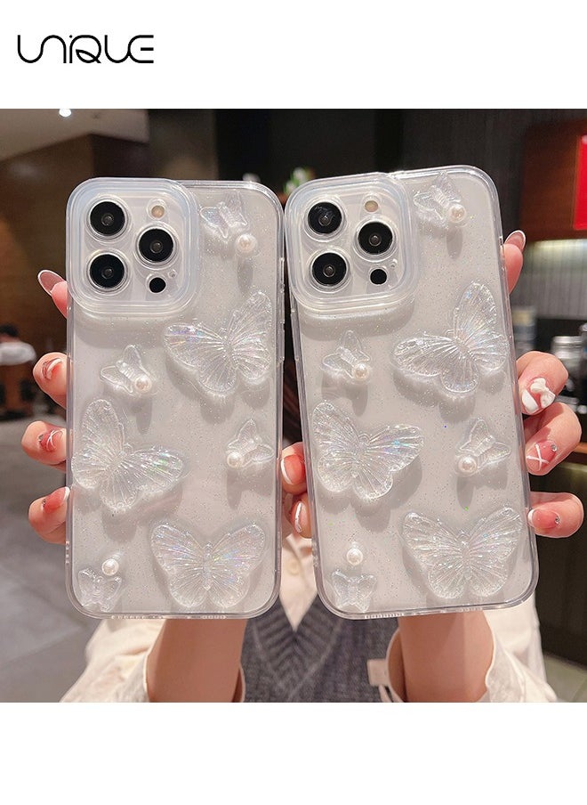Unique - Compatible with iPhone 14 Pro Max Cases,3D Butterfly Phone Case,Shiny Pearl Phone Case,Stylish and Simple Phone Case, TPU Drop Protection - Transparent - Image 1