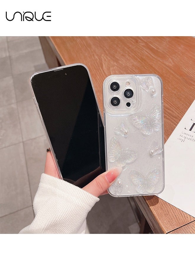 Unique - Compatible with iPhone 14 Pro Max Cases,3D Butterfly Phone Case,Shiny Pearl Phone Case,Stylish and Simple Phone Case, TPU Drop Protection - Transparent - Image 1
