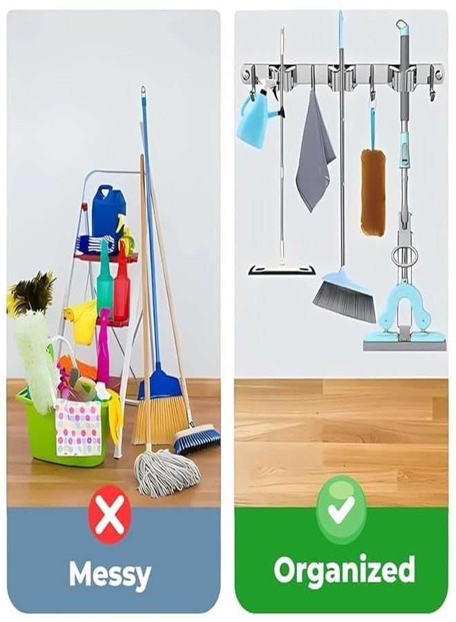 Swaze Wall Mounted Broom and Mop Holder – Heavy Duty Broom Hanger with Screws – Non-Adhesive Mop Stand Holder for Home, Kitchen, Bathroom, and Garage Organisation (3 Slot, 4 hooks) - Image 2