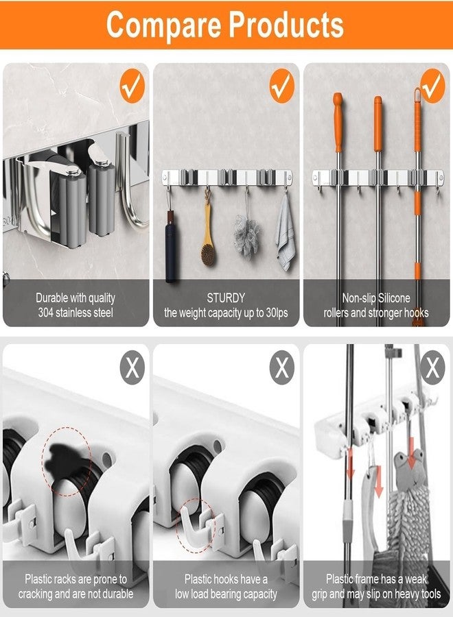 Swaze Wall Mounted Broom and Mop Holder – Heavy Duty Broom Hanger with Screws – Non-Adhesive Mop Stand Holder for Home, Kitchen, Bathroom, and Garage Organisation (3 Slot, 4 hooks) - Image 3