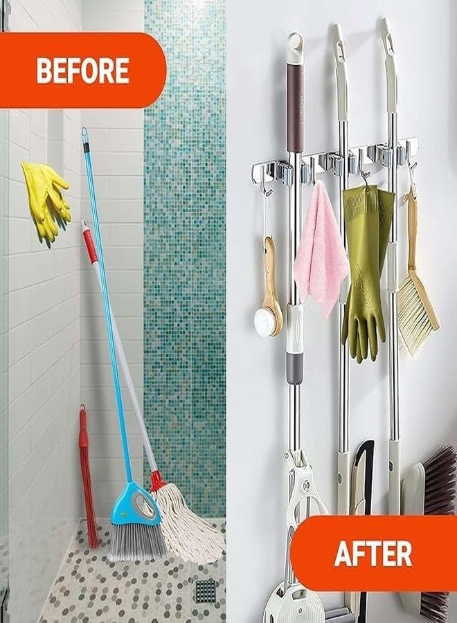 Swaze Wall Mounted Broom and Mop Holder – Heavy Duty Broom Hanger with Screws – Non-Adhesive Mop Stand Holder for Home, Kitchen, Bathroom, and Garage Organisation (3 Slot, 4 hooks) - Image 4