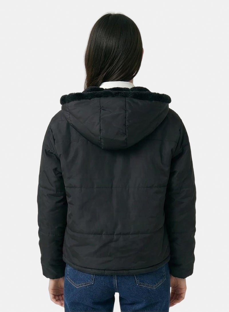 RAVIN Women Fur Hooded Neck Bomber Jacket Black - Image 2