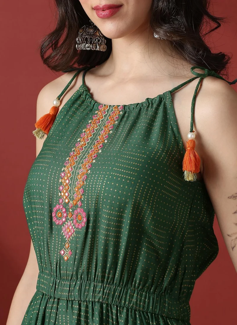 Globus Green, White & Pink Globus Women's Green Ethnic Print Embroidered Sleeveless Fusion Jumpsuit with Tie-Up Straps for Women | Best Price UAE