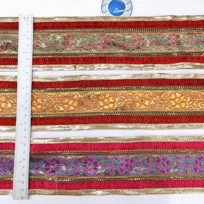 Lami 9 Meter Pink & Red with Golden Border Flower Design Weaving Work Lace with Golden Zari Work, Banarasi Saree Lace Border Trim, Bridal Lehenga Dupatta Suit Anarkali, Indian Fashion Accessories - Image 3