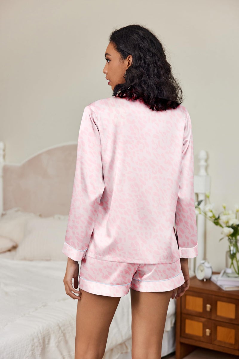 Ekouaer Silk Pajamas Womens Long Sleeve Sleepwear Soft Satin Button Down Loungewear 2 Piece Pjs Shorts Set S-XXL Pink Leopard - Image 3