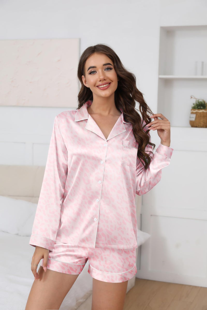 Ekouaer Silk Pajamas Womens Long Sleeve Sleepwear Soft Satin Button Down Loungewear 2 Piece Pjs Shorts Set S-XXL Pink Leopard - Image 5
