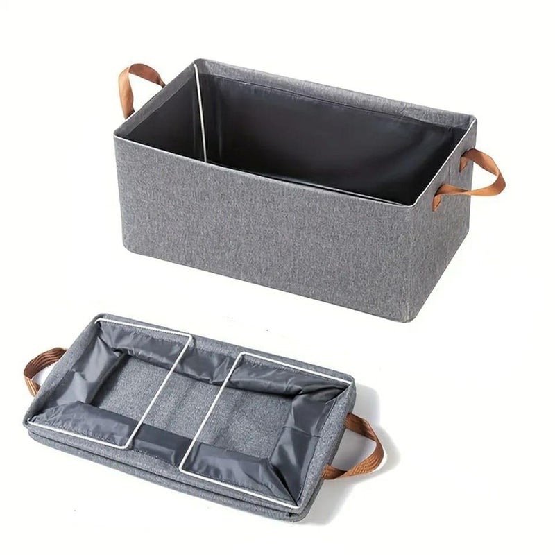 Premium Washable Fabric Clothes Organizer - Heavy-Duty Wardrobe Storage Bin with Metal-Reinforced Frame - Durable High-Density Collapsible Linen Closet Drawer Box with Sturdy Faux-Leather Handles (Sleek Modern Cationic Grey & Tan Profile, 1 Pc) - Manual Home Utility Sorting Convenience & Wardrobe Closet Facility Asset Management Template