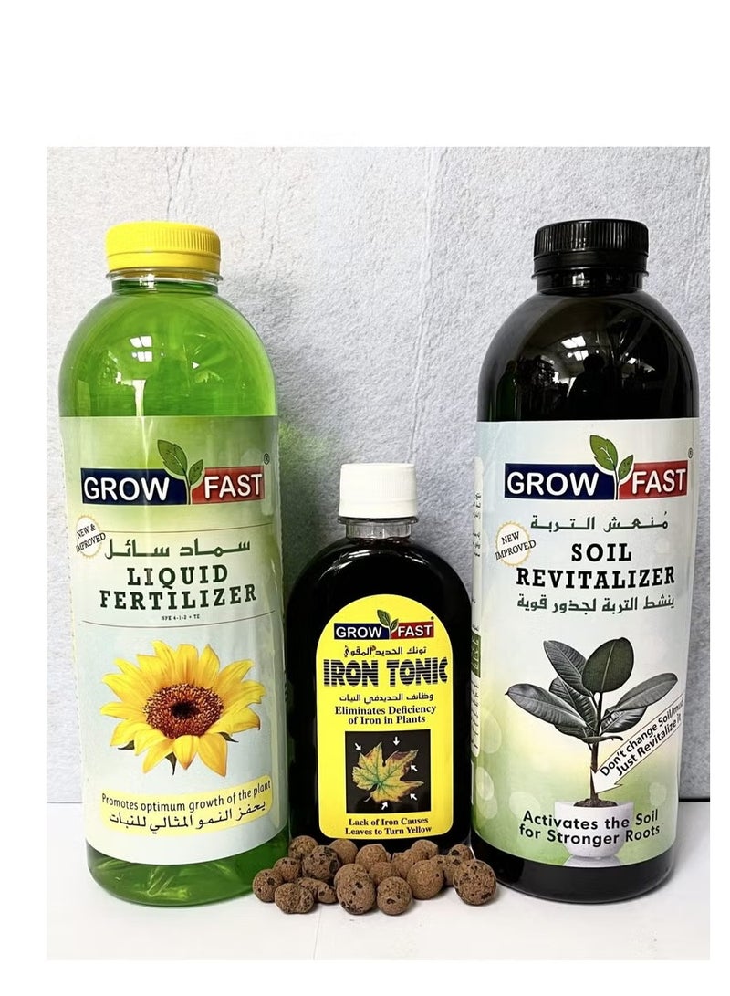 Grow Fast 1Ltr Soil Revitilizer 1Ltr Iron Tonic 250ml Liquid Fertilizer Best For Indoor & Outdoor Plants "Garden Care"