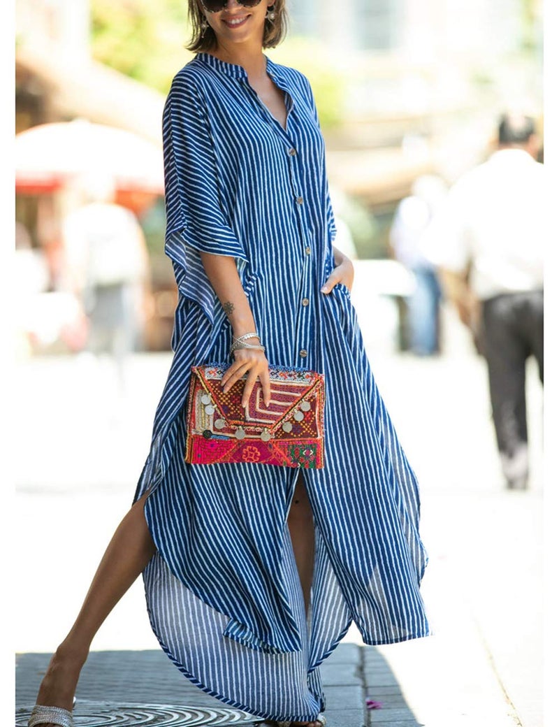Bsubseach Beach Kaftan Dresses Button Down Long Rayon Caftan Swim Cover Up Muumuu Dress Oversized Coverups with Pockets Blue Striped - Image 4