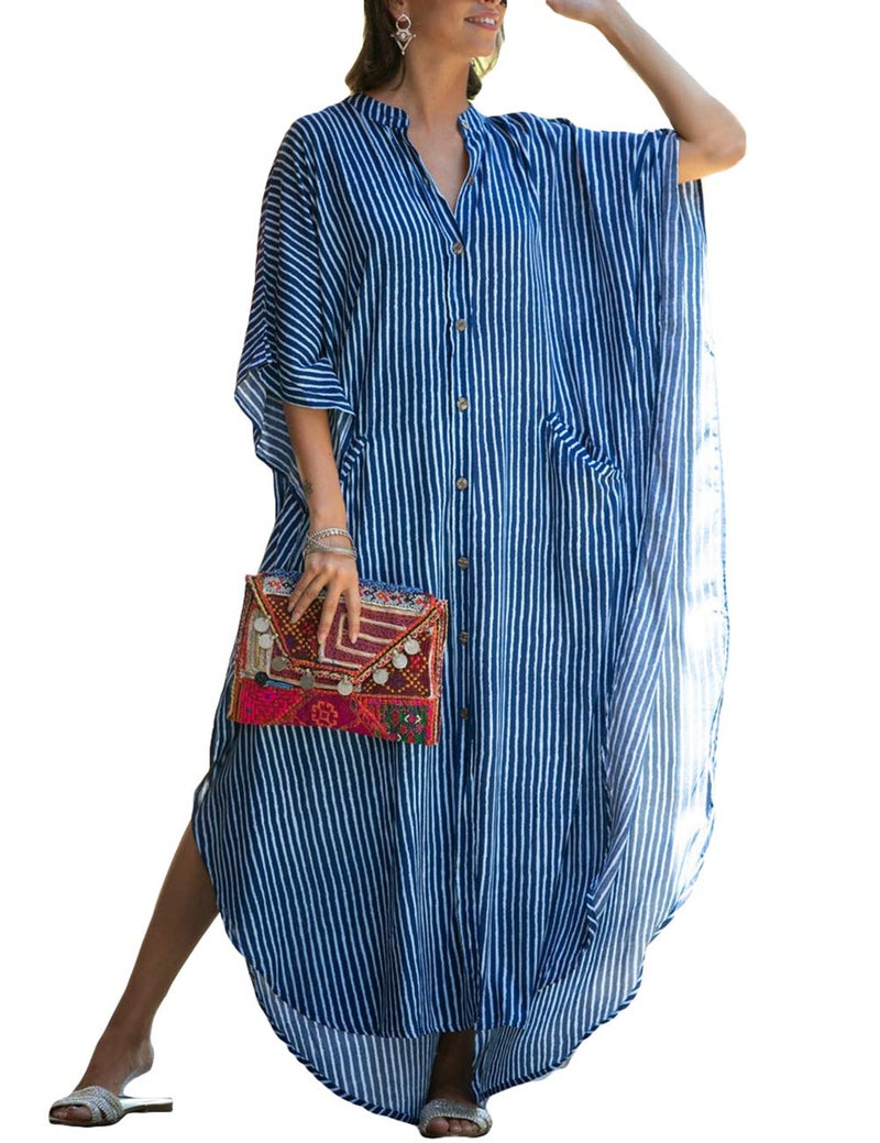 Bsubseach Beach Kaftan Dresses Button Down Long Rayon Caftan Swim Cover Up Muumuu Dress Oversized Coverups with Pockets Blue Striped - Image 1