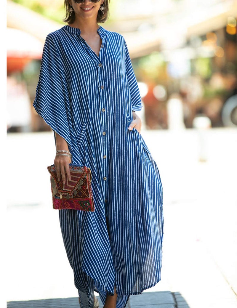 Bsubseach Beach Kaftan Dresses Button Down Long Rayon Caftan Swim Cover Up Muumuu Dress Oversized Coverups with Pockets Blue Striped - Image 3