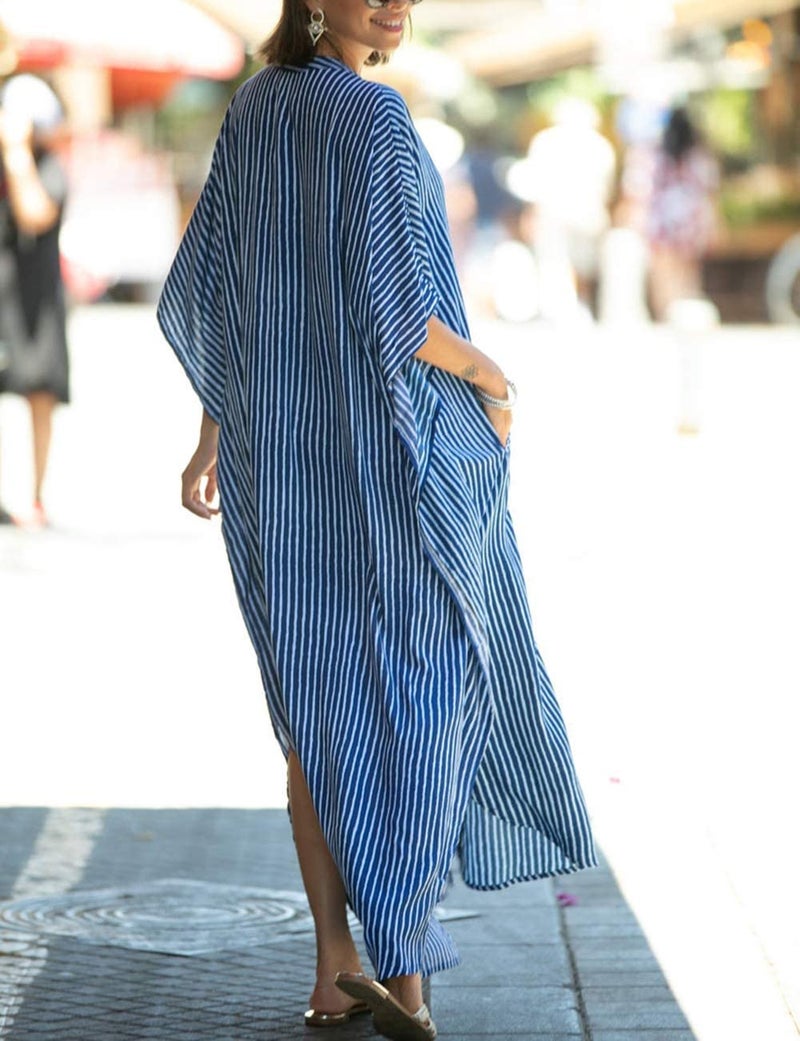 Bsubseach Beach Kaftan Dresses Button Down Long Rayon Caftan Swim Cover Up Muumuu Dress Oversized Coverups with Pockets Blue Striped - Image 5