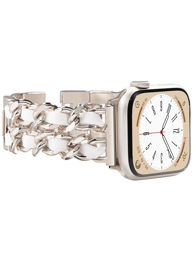 NewWays Compatible for Apple Watch Band Series 8 Series 7 45mm 44mm SE Series 6 5 4 3 42mm Jewelry Bracelet for iWatch Band Womens, Starlight Link with White Leather - Image 1