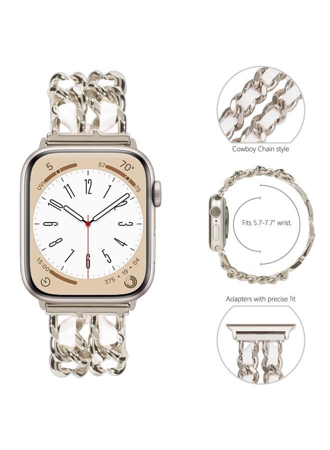 NewWays Compatible for Apple Watch Band Series 8 Series 7 45mm 44mm SE Series 6 5 4 3 42mm Jewelry Bracelet for iWatch Band Womens, Starlight Link with White Leather - Image 2