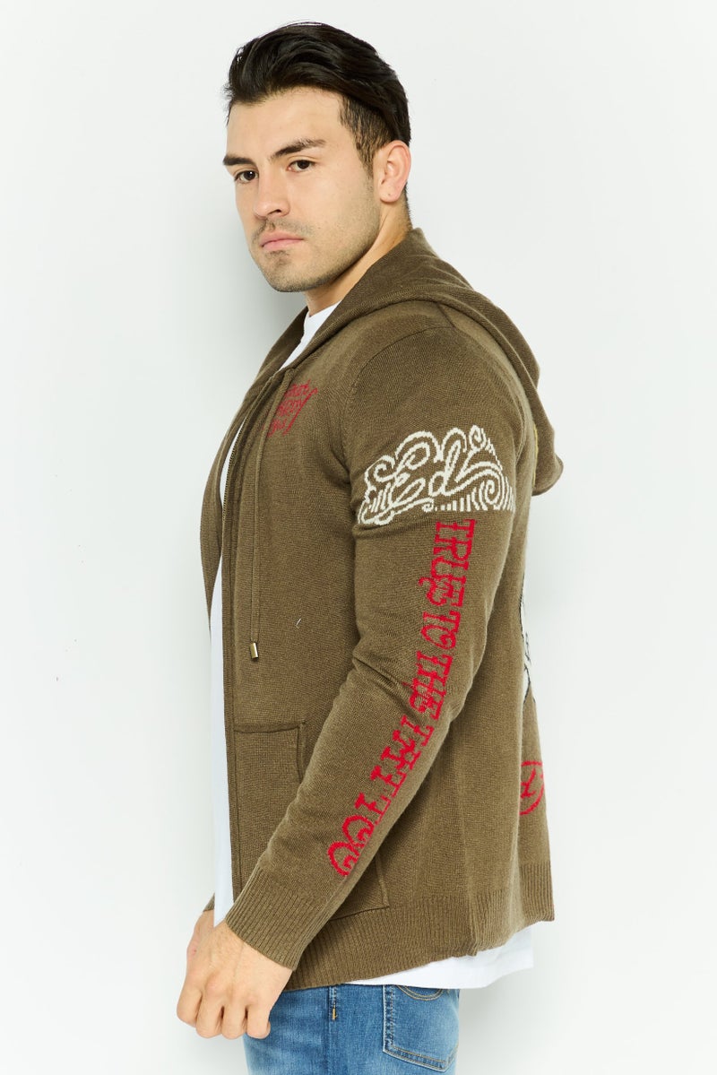 Ed Hardy سويت شيرت بقلنسوة للرجال بشعار العلامة التجارية بأكمام طويلة، أخضر عسكري - Image 2