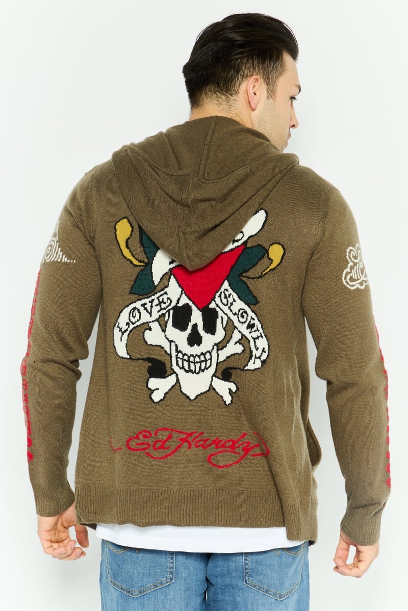 Ed Hardy سويت شيرت بقلنسوة للرجال بشعار العلامة التجارية بأكمام طويلة، أخضر عسكري - Image 4