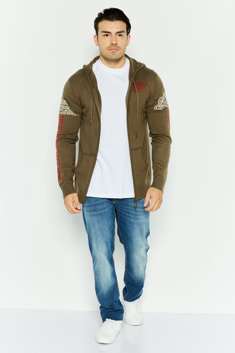 Ed Hardy سويت شيرت بقلنسوة للرجال بشعار العلامة التجارية بأكمام طويلة، أخضر عسكري - Image 3