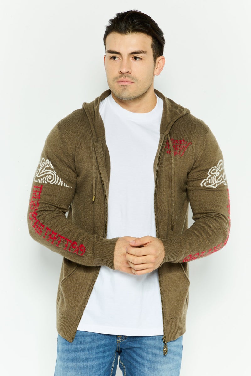 Ed Hardy سويت شيرت بقلنسوة للرجال بشعار العلامة التجارية بأكمام طويلة، أخضر عسكري - Image 1