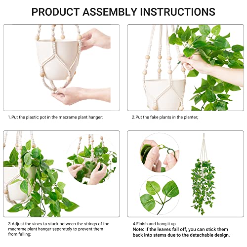 Mkono Fake Hanging Plant with Pot, Artificial Plants for Home Spring Decor Indoor Macrame Plant Hanger with Faux Vine Hanging Planter Greenery for Bedroom Bathroom Kitchen Office, Brown (Pothos) - Image 3