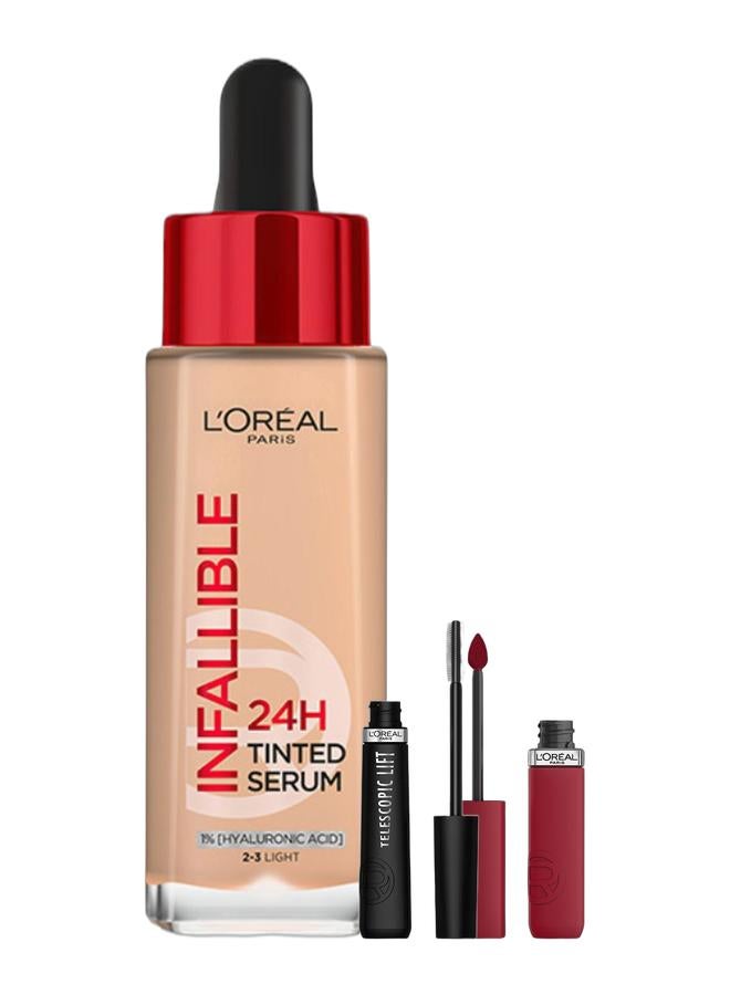 L'OREAL PARIS Telescopic Lift Mascara & Infaillible Le Matte Resistance Liquid Lipstick Up To 16 Hour Wear, 420 Le Rouge Paris & 24H Infallible Tinted Serum Shade Light 2-3 Bundle - Image 1