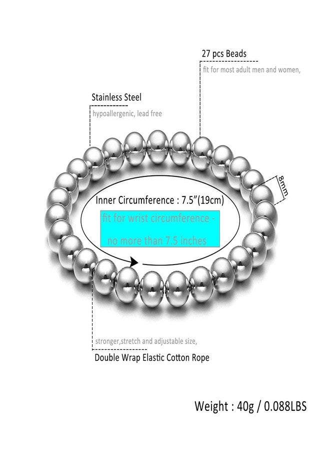 Jovivi Mens Womens Stainless Steel 8mm Silver Round Ball Beads Beaded Elastic Bracelet 7.5" - Image 2