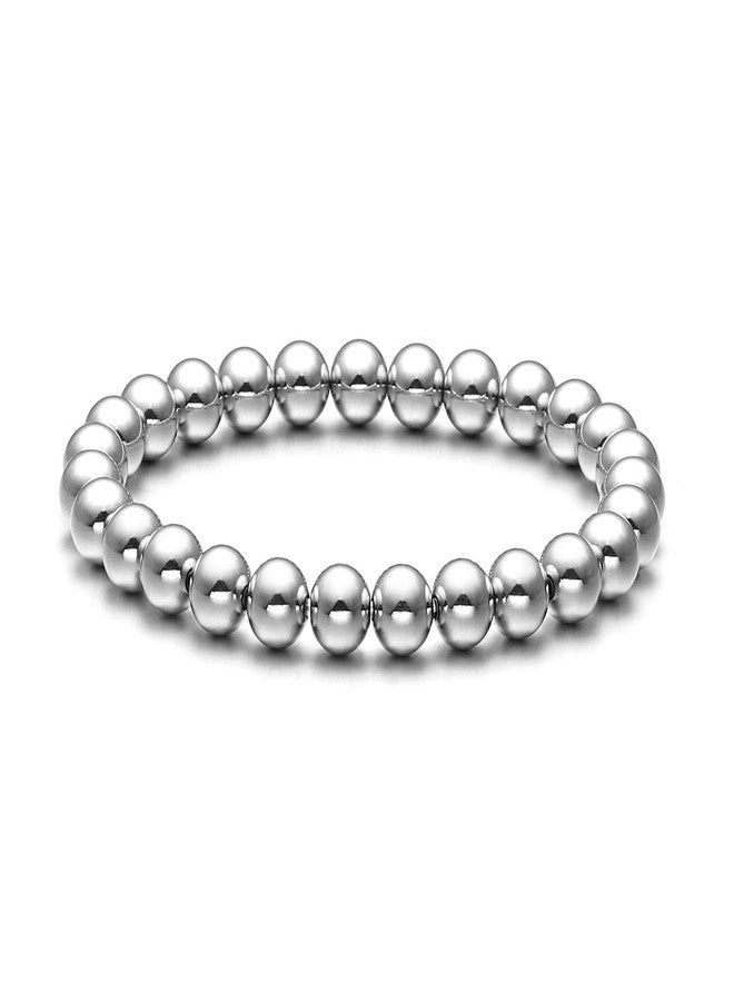Jovivi Mens Womens Stainless Steel 8mm Silver Round Ball Beads Beaded Elastic Bracelet 7.5" - Image 1