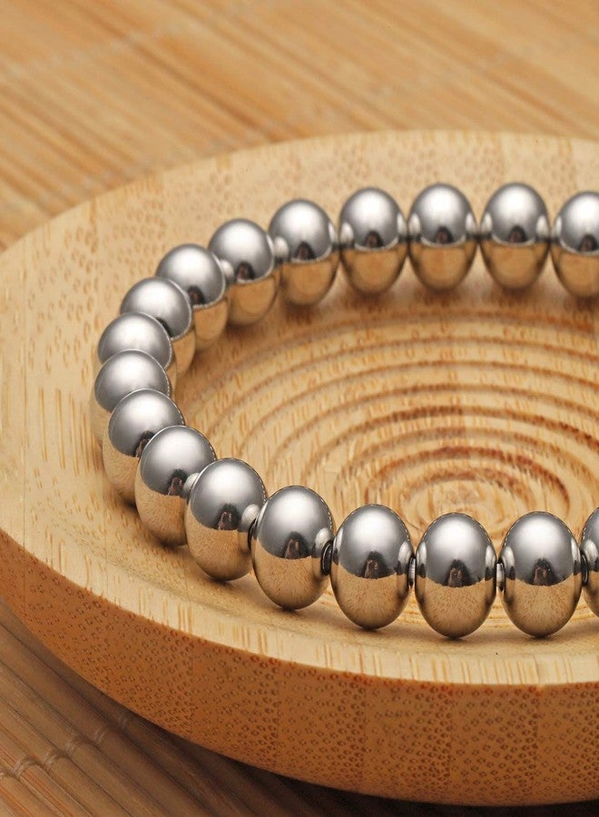 Jovivi Mens Womens Stainless Steel 8mm Silver Round Ball Beads Beaded Elastic Bracelet 7.5" - Image 3