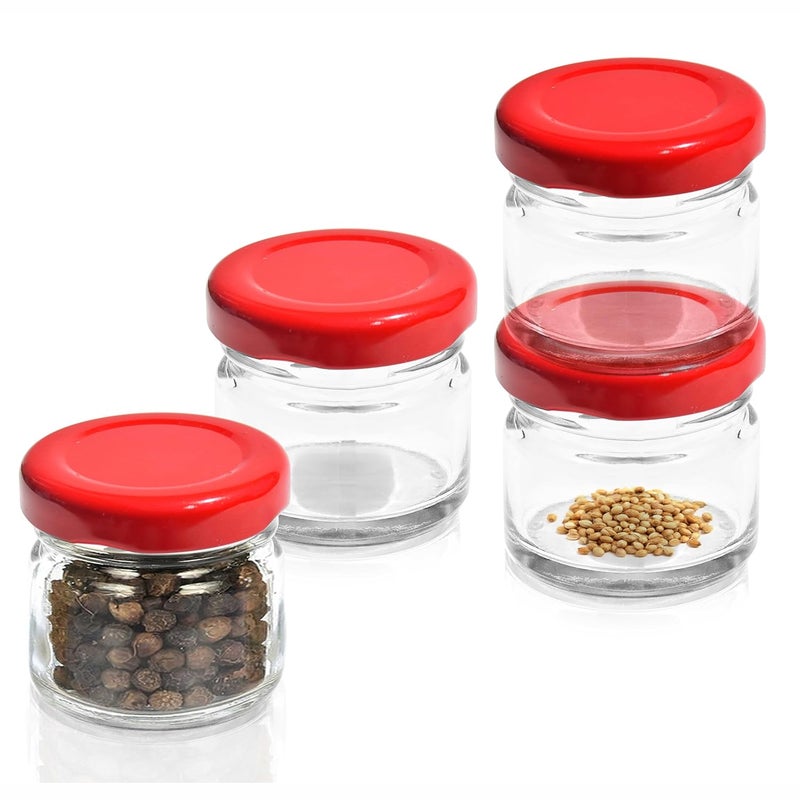 Pure Source India Pure Source India Glass Jar Containers with Red Metal Cap Rust Proof | Airtight | Freezer Safe and Food Grade - Set of 4 Pieces, 20 Gm, (Clear 4 x 4 Cm Very Mini Size Container)  - Image 1