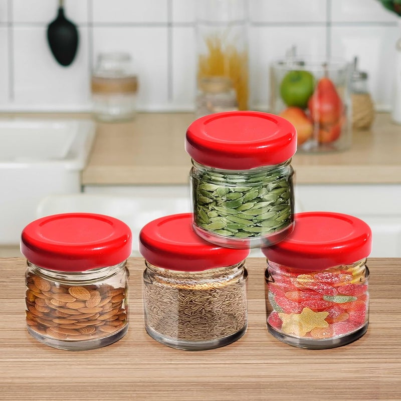 Pure Source India Pure Source India Glass Jar Containers with Red Metal Cap Rust Proof | Airtight | Freezer Safe and Food Grade - Set of 4 Pieces, 20 Gm, (Clear 4 x 4 Cm Very Mini Size Container)  - Image 2