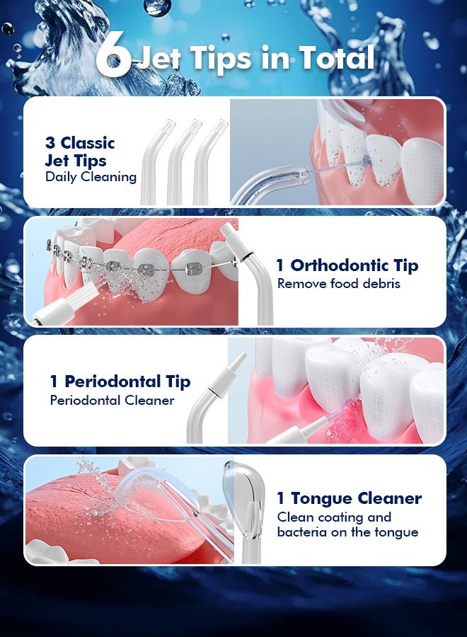 وافلو جهاز تنظيف الأسنان بالماء - 5 أوضاع، 6 رؤوس تنظيف، جهاز تنظيف الأسنان بالماء الكهربائي المحمول القابل لإعادة الشحن بسعة 300 مل، مقاوم للماء IPX7، أداة تنظيف الأسنان بالخيط للاستخدام المنزلي والسفر - Image 4