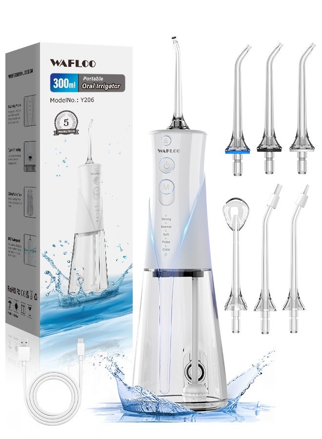 وافلو جهاز تنظيف الأسنان بالماء - 5 أوضاع، 6 رؤوس تنظيف، جهاز تنظيف الأسنان بالماء الكهربائي المحمول القابل لإعادة الشحن بسعة 300 مل، مقاوم للماء IPX7، أداة تنظيف الأسنان بالخيط للاستخدام المنزلي والسفر - Image 1