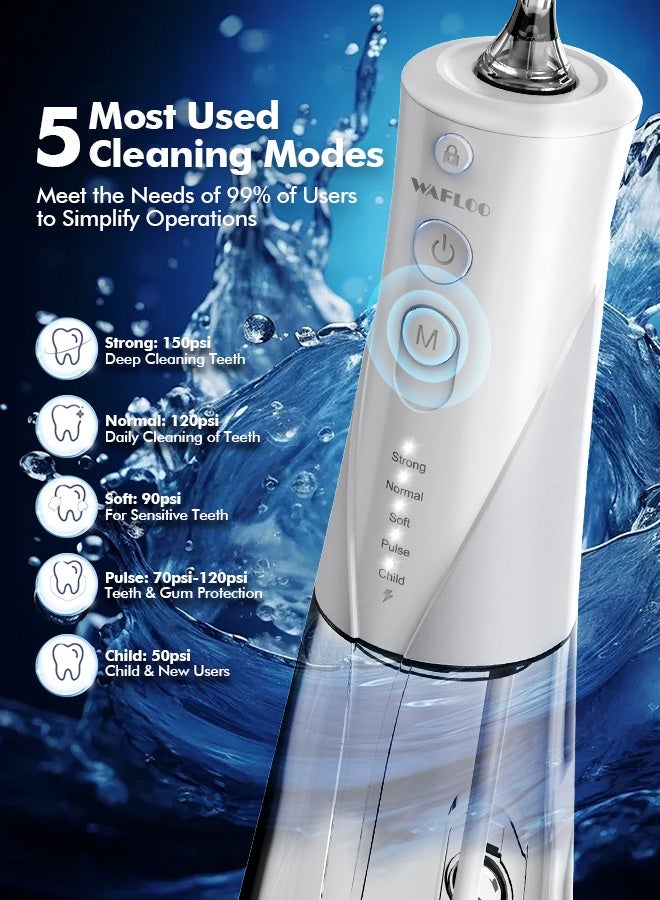 وافلو جهاز تنظيف الأسنان بالماء - 5 أوضاع، 6 رؤوس تنظيف، جهاز تنظيف الأسنان بالماء الكهربائي المحمول القابل لإعادة الشحن بسعة 300 مل، مقاوم للماء IPX7، أداة تنظيف الأسنان بالخيط للاستخدام المنزلي والسفر - Image 2