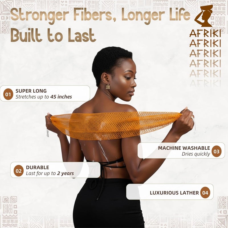 AFRIKI إسفنجة الشبكة الأفريقية من أفريقي – مقشر الجسم، مملوكة للسود ومتجذرة في أفريقيا، لجميع أنواع البشرة | طول 45 بوصة (كريم أبيض) - Image 3