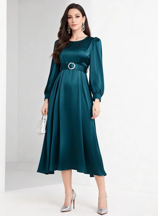 Take Two Blue Satin Balloon Sleeve Belted Midi Dress