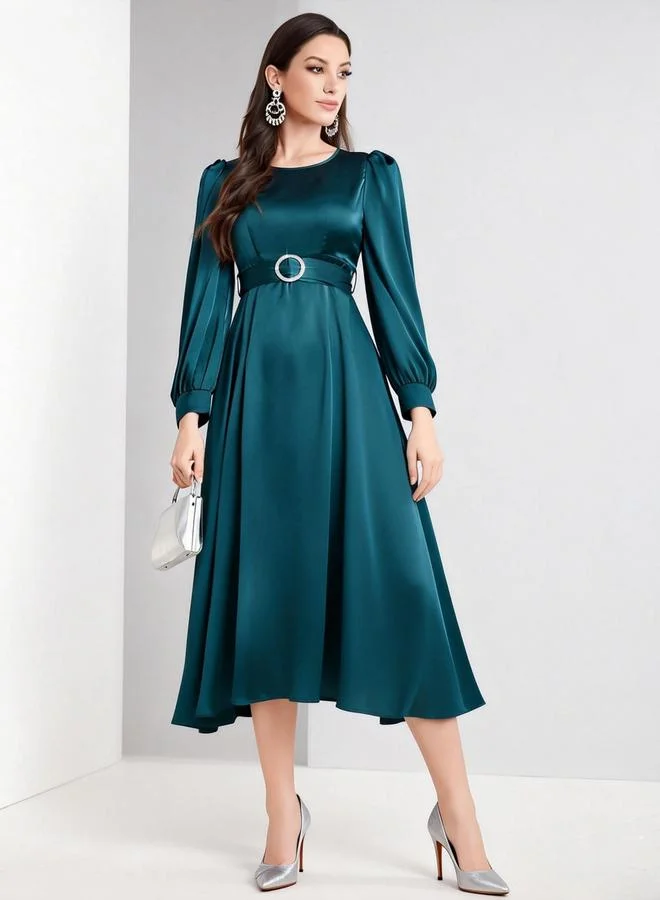 Take Two Blue Satin Balloon Sleeve Belted Midi Dress