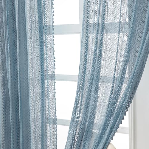 WAZZIO Cotton Sheer Slate Blue Curtains Rod Pocket Tassel Boho Crochet Lace Curtains 2 Panels 63 Inch Length for Bedroom Living Room Boys Room - Image 4