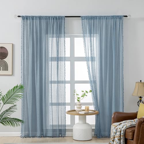WAZZIO Cotton Sheer Slate Blue Curtains Rod Pocket Tassel Boho Crochet Lace Curtains 2 Panels 63 Inch Length for Bedroom Living Room Boys Room - Image 2