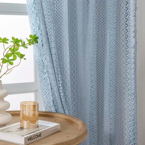WAZZIO Cotton Sheer Slate Blue Curtains Rod Pocket Tassel Boho Crochet Lace Curtains 2 Panels 63 Inch Length for Bedroom Living Room Boys Room - Image 5