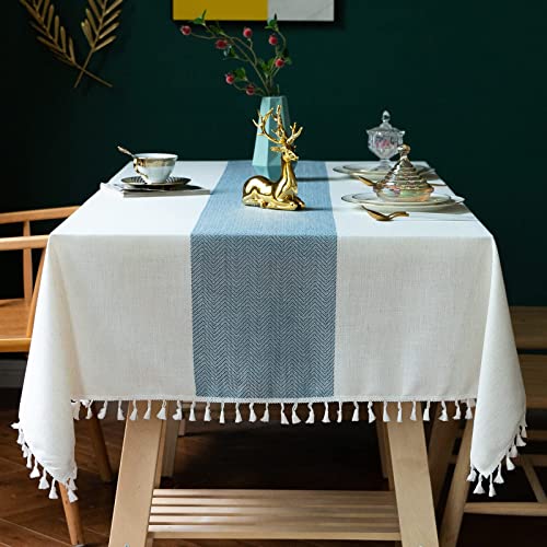 Jia le JIALE Tablecloths for Rectangle Tables,Cotton Linen Table Cloth Waterproof Tablecloth Wrinkle Free Farmhouse Dining Tables Cover,Soft Fabric Table Cloths with Tassels, Blue,55" X 70",4-6 Seats - Image 1